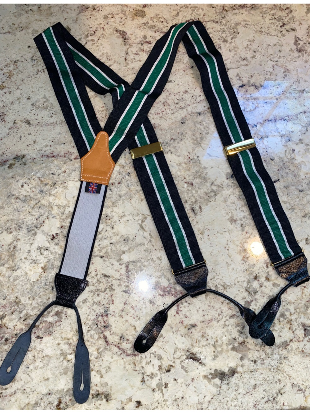 Mens $165 Thurston London Suspenders Black, Green White Braces Dartmouth
